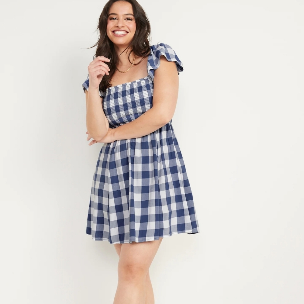 Fit & Flare Flutter-Sleeve Gingham Mini Dress